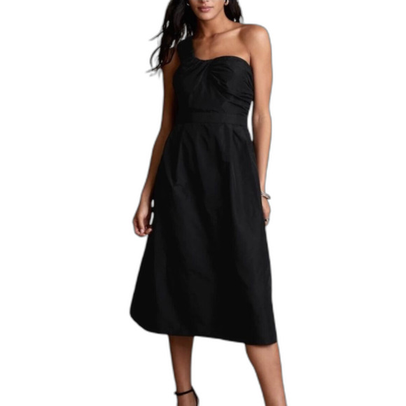 Banana Republic Women’s Black Taffeta One-Shoulder Shift Cocktail Midi Dress 14R - Picture 1 of 11